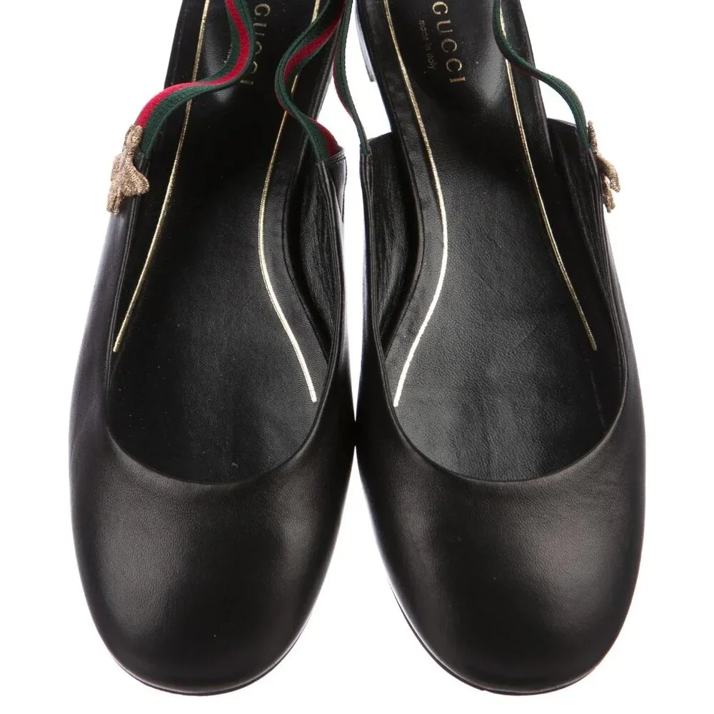 GUCCI Bayadere Web Stripe Bee Black Leather Slingback Flats Size EU 37.5 - Picture 3 of 6